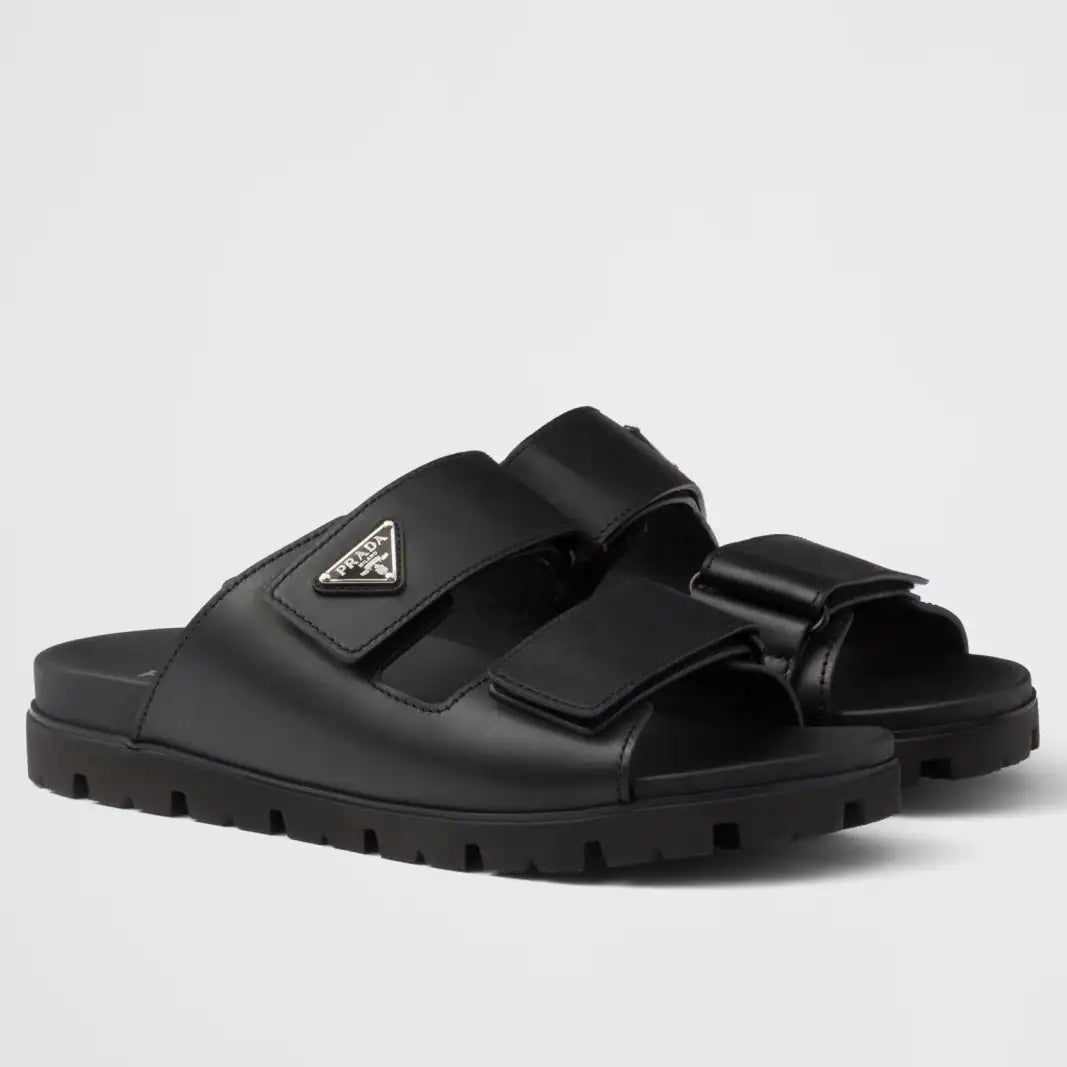PRADA WOMEN’S STRAP SLIDES SANDALS IN BLACK CALFSKIN – PSD027