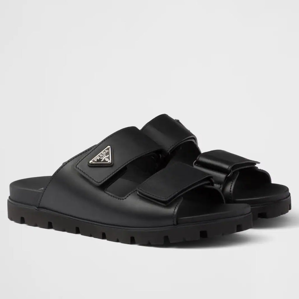 PRADA WOMEN’S STRAP SLIDES SANDALS IN BLACK CALFSKIN – PSD068