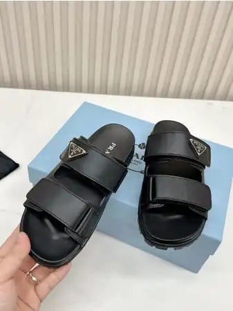 PRADA WOMEN’S STRAP SLIDES SANDALS IN BLACK CALFSKIN – PSD068