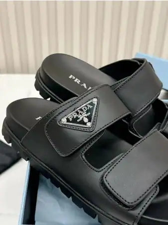 PRADA WOMEN’S STRAP SLIDES SANDALS IN BLACK CALFSKIN – PSD068