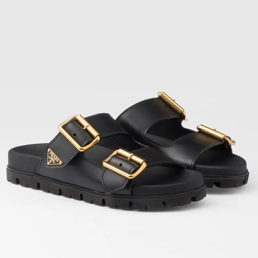 PRADA WOMEN’S STRAP SLIDES SANDALS IN BLACK LEATHER – PSD028