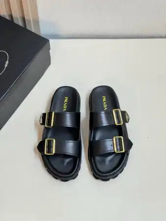 PRADA WOMEN’S STRAP SLIDES SANDALS IN BLACK LEATHER – PSD028