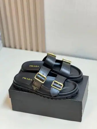 PRADA WOMEN’S STRAP SLIDES SANDALS IN BLACK LEATHER – PSD067