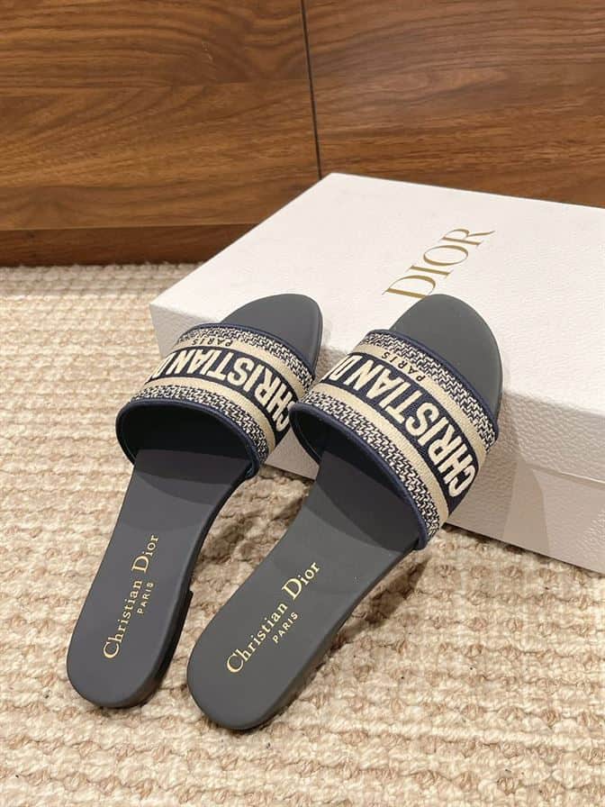 DIOR DWAY SLIDE DEEP BLUE EMBROIDERED COTTON – DS020