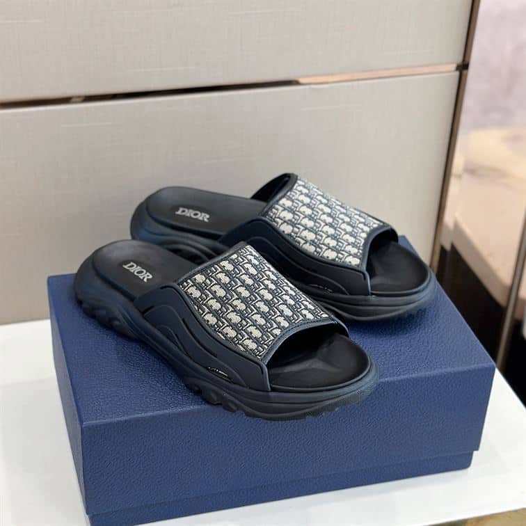 DIOR H-TOWN SANDAL BLACK RUBBER WITH BEIGE AND BLACK DIOR OBLIQUE JACQUARD – DS002