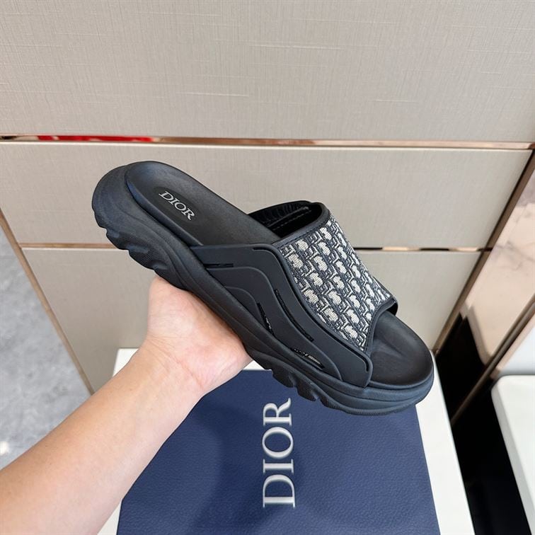 DIOR H-TOWN SANDAL BLACK RUBBER WITH BEIGE AND BLACK DIOR OBLIQUE JACQUARD – DS002