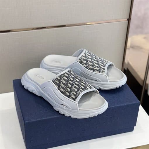DIOR H-TOWN SANDAL GRAY RUBBER WITH BEIGE AND BLACK DIOR OBLIQUE JACQUARD – DS001