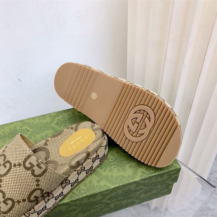 GUCCI ANGELINA LOGO-JACQUARD COATED-CANVAS PLATFORM SLIDES – GSL023