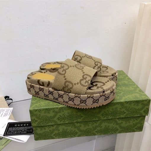 GUCCI ANGELINA LOGO-JACQUARD COATED-CANVAS PLATFORM SLIDES – GSL023