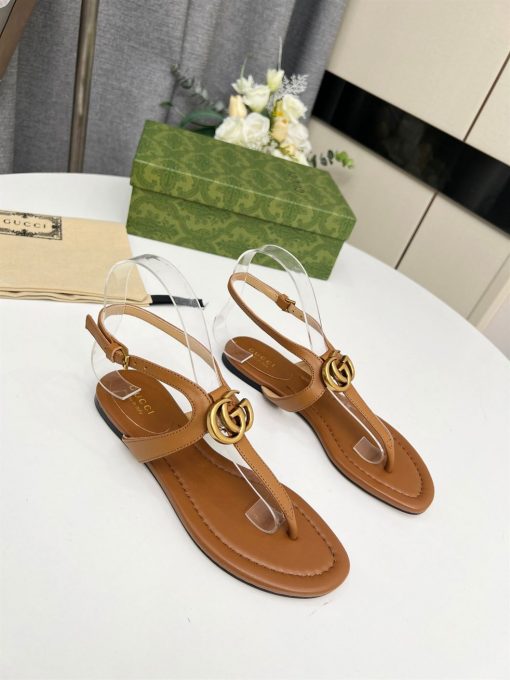 GUCCI WOMEN’S DOUBLE G THONG SANDAL BROWN LEATHER – GSL020